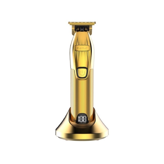 Picture of Kemei New Gold Cordless Electric Clipper 0.1mm T Blade Beard Trimmer Professional LCD Trimmers With Charging Base Hair Cutter #i32s