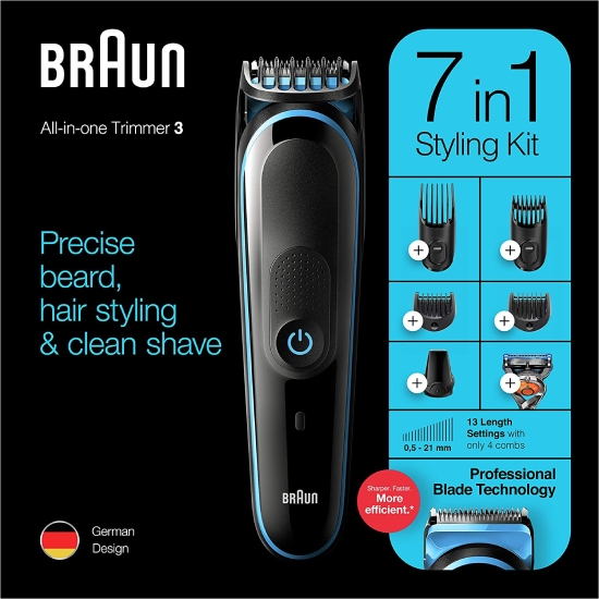 Picture of Braun All-in-one Trimmer 7-in-1 Beard Trimmer, Hair Clipper, Detail Trimmer, Rechargeable, with Gillette ProGlide Razor #MGK 3245