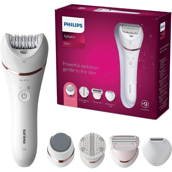 Picture of PHILIPS Series 8000 Epilator, Wet and Dry Cordless Hair Removal and Skin Care System, For Legs, Body with 9 Accessories Including Shaver Head and Pedicure Foot #BRE740/11